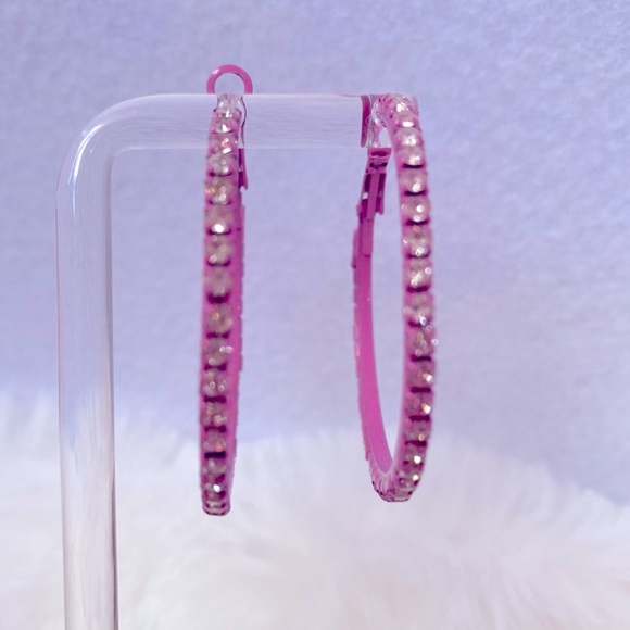 Glamorous Pink Rhinestone Hoop Earrings Barbiecore  1.5 inches brand new - Picture 3 of 13